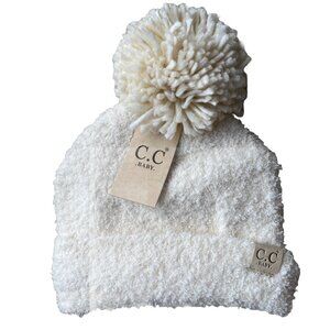 C.C Kids Babies Soft Stretch Hat Knit Faux Fur Pom Pom Beanie Cream NWT